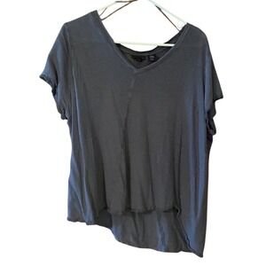 Tahari Gray Linen Hi-Low Asymetrical Hem V-Neck Short Sleeve Top Blouse Size 2X
